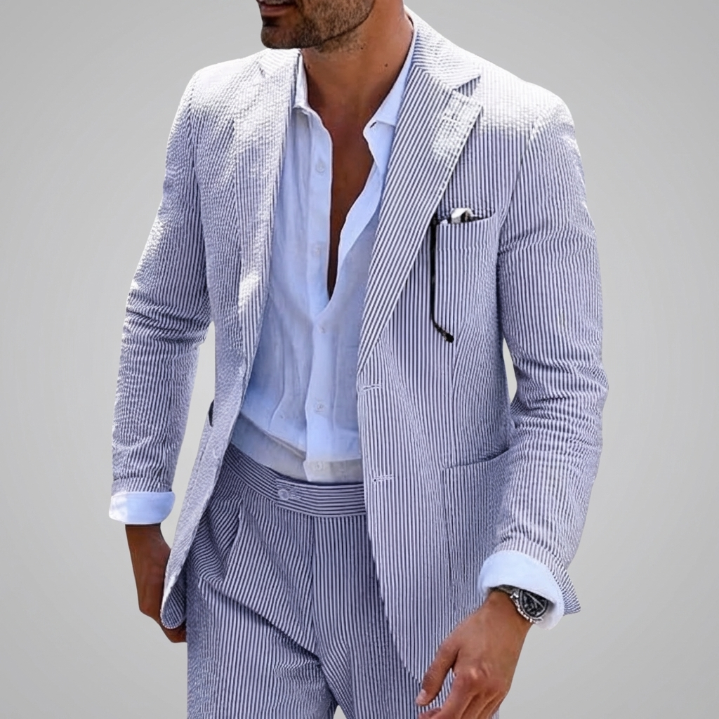 Men's Two Piece Summer Suit, Slim Fit Pinstripe Blazer and Trousers