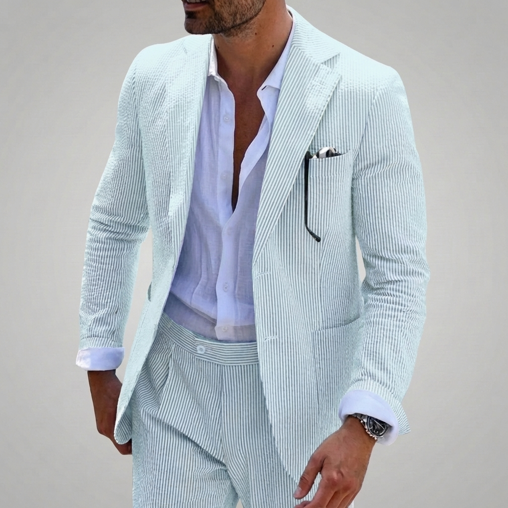 Men's Two Piece Summer Suit, Slim Fit Pinstripe Blazer and Trousers