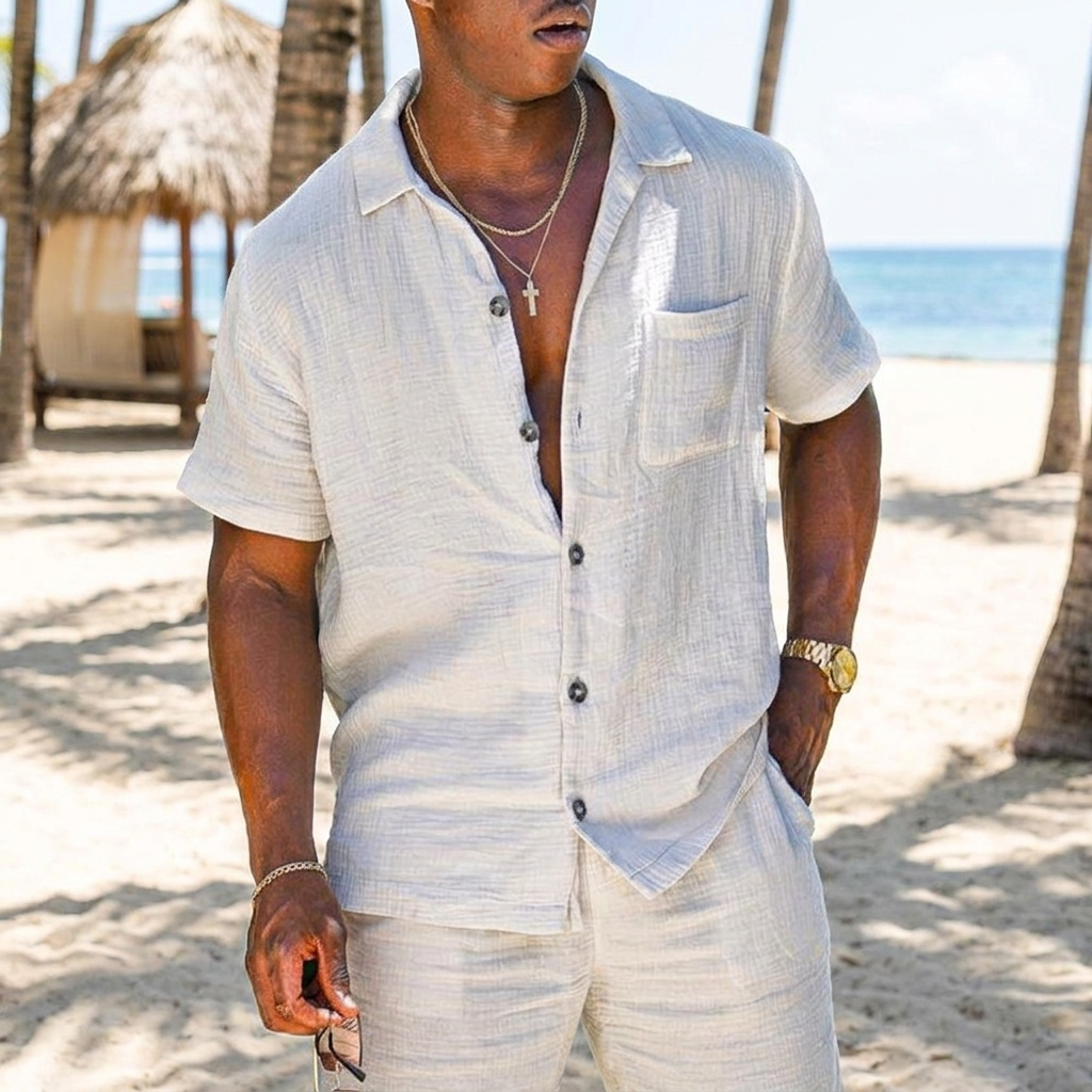 Men's Two-Piece Linen Set - Breathable Shirt and Trousers