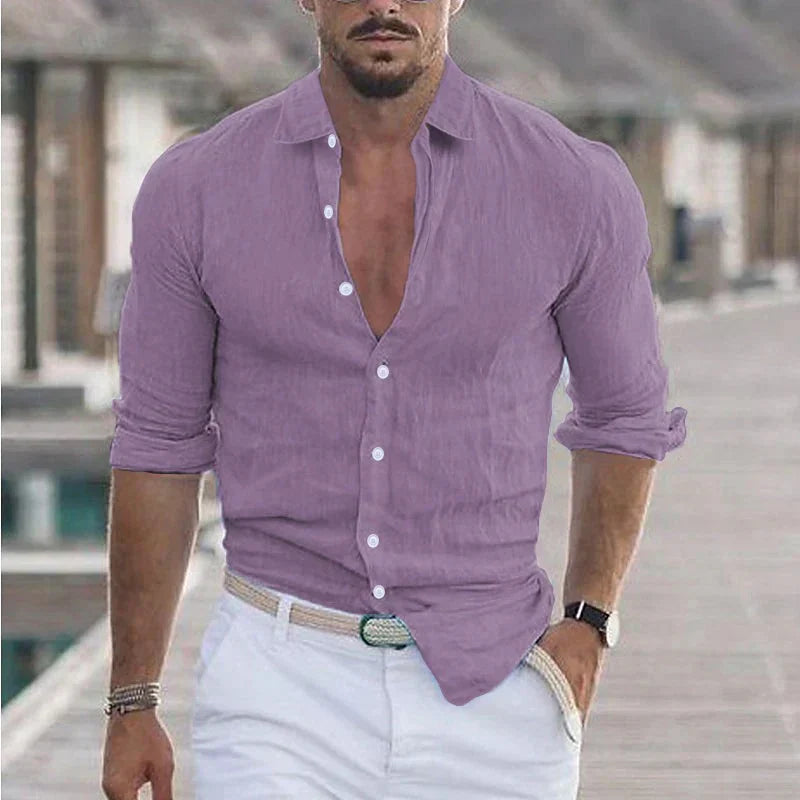 Men's Linen Shirt with Turn-Down Collar, Breathable Button-Up