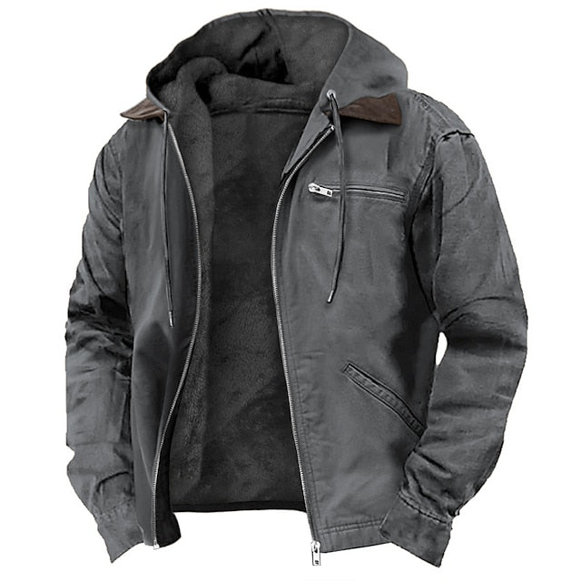 Men's Outdoor Jacket with Hood - Water-Resistant Polyester Winter Jacket
