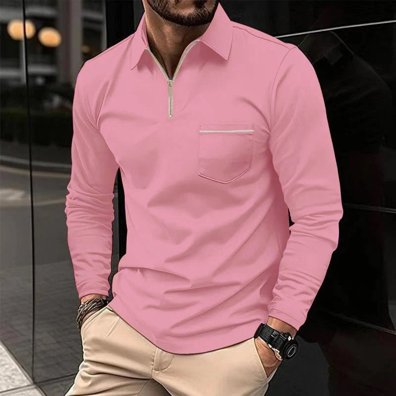 Men's Long Sleeve Polo Shirt with Chest Pocket, Modern Casual Polo