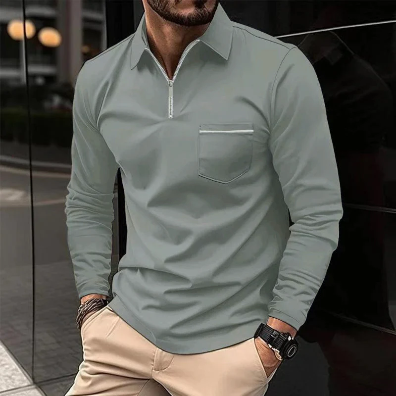 Men's Long Sleeve Polo Shirt with Chest Pocket, Modern Casual Polo