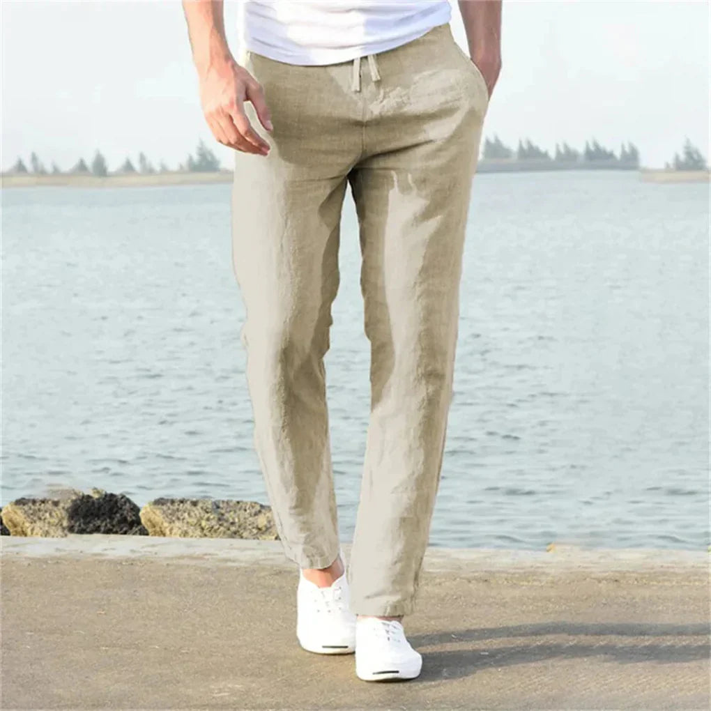 Men's Linen Trousers, Breathable Summer Pants with Straight Leg