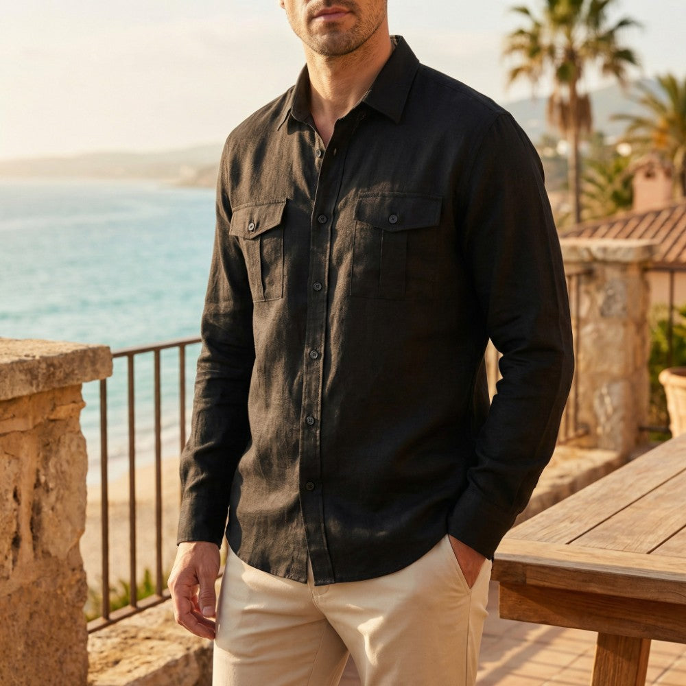 Men's Summer Button-Up Shirt with Dual Chest Pockets, Breathable Cotton Fit