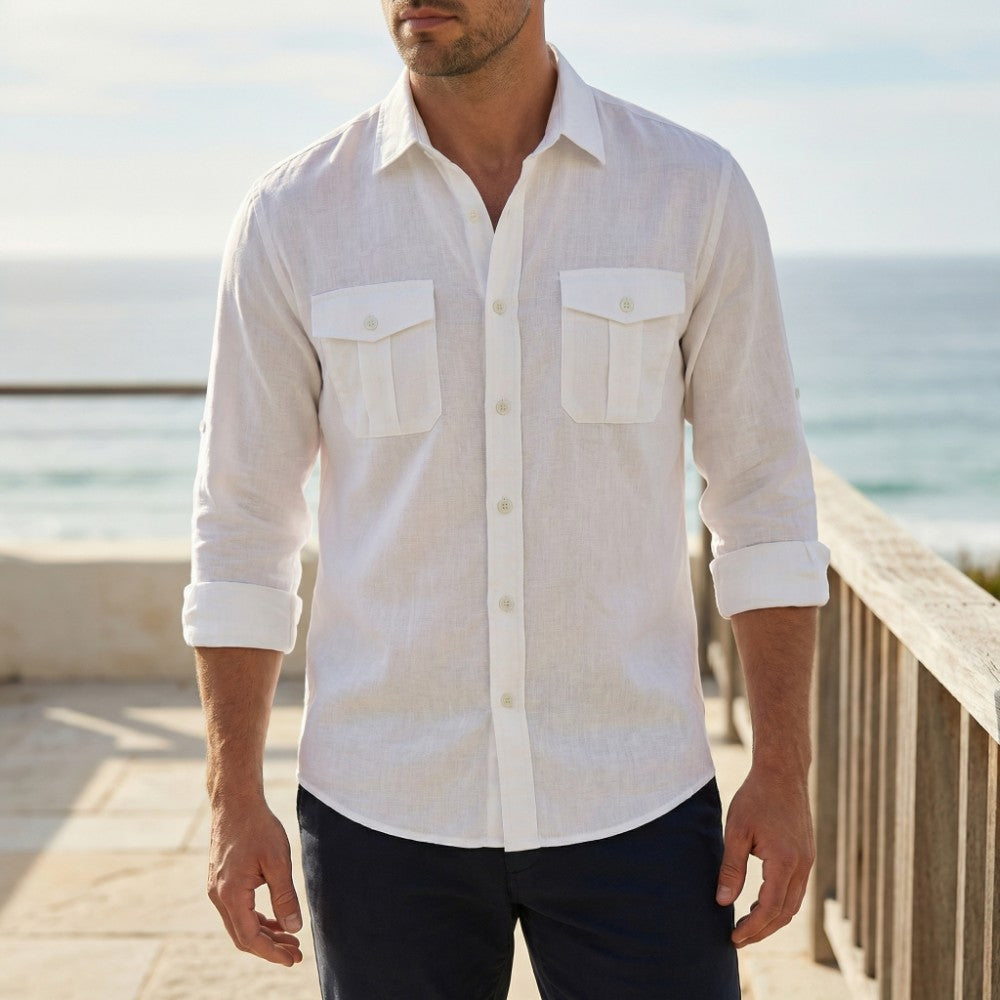 Men's Summer Button-Up Shirt with Dual Chest Pockets, Breathable Cotton Fit