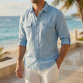 Men's Summer Button-Up Shirt with Dual Chest Pockets, Breathable Cotton Fit