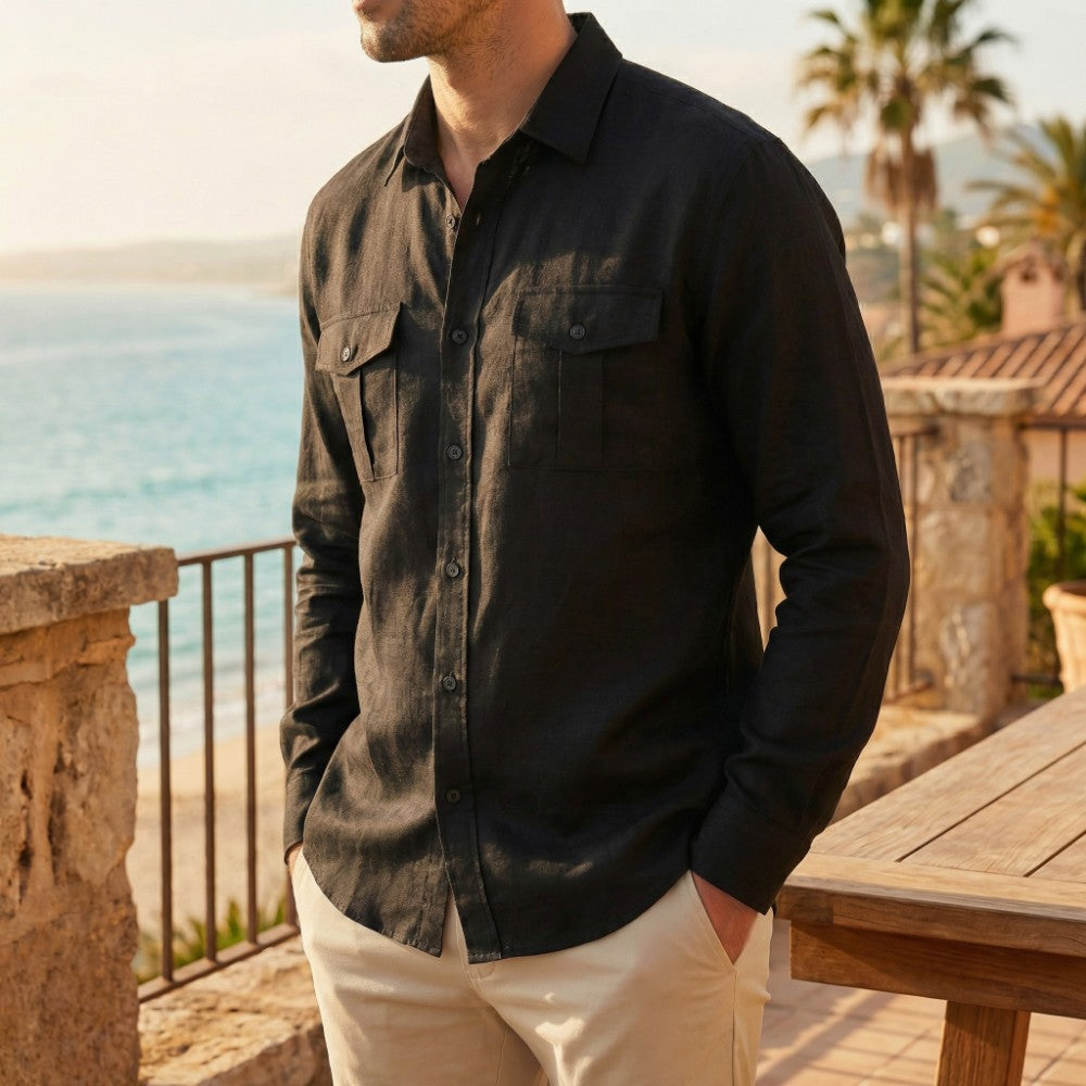 Men's Summer Button-Up Shirt with Dual Chest Pockets, Breathable Cotton Fit
