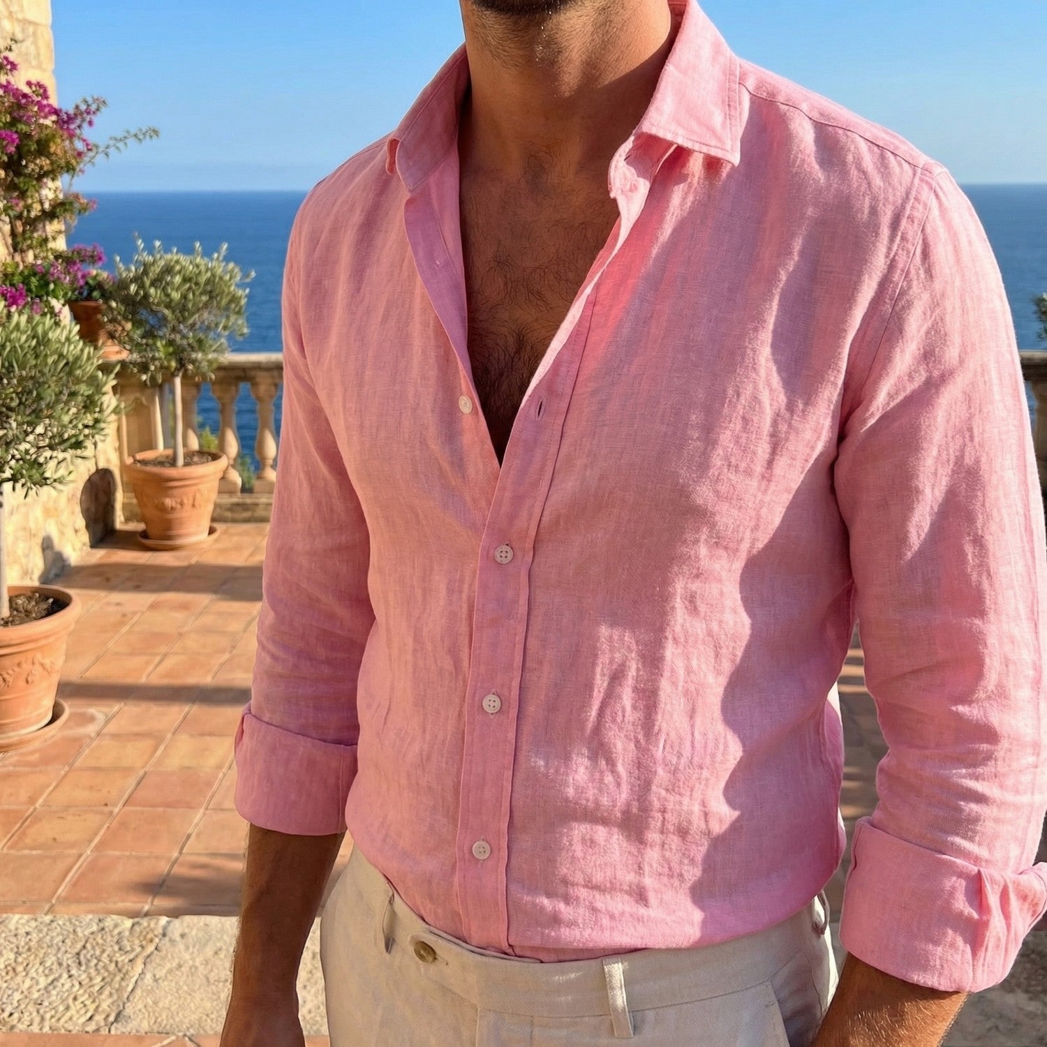 Men's Summer Relaxed Shirt with Turn-Down Collar, Breathable Long Sleeve Fit