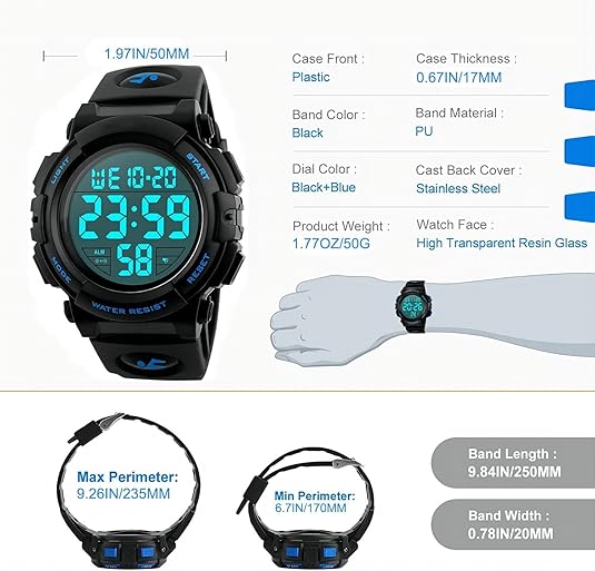 Men's Waterproof Digital Sports Watch - LED Military-Style Watch