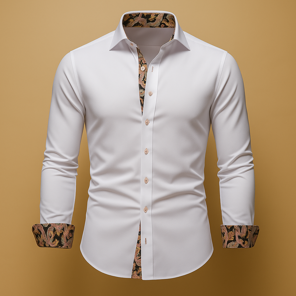 Men's Formal Button-Up Shirt with Contrast Cuffs, Long Sleeve Dress Shirt