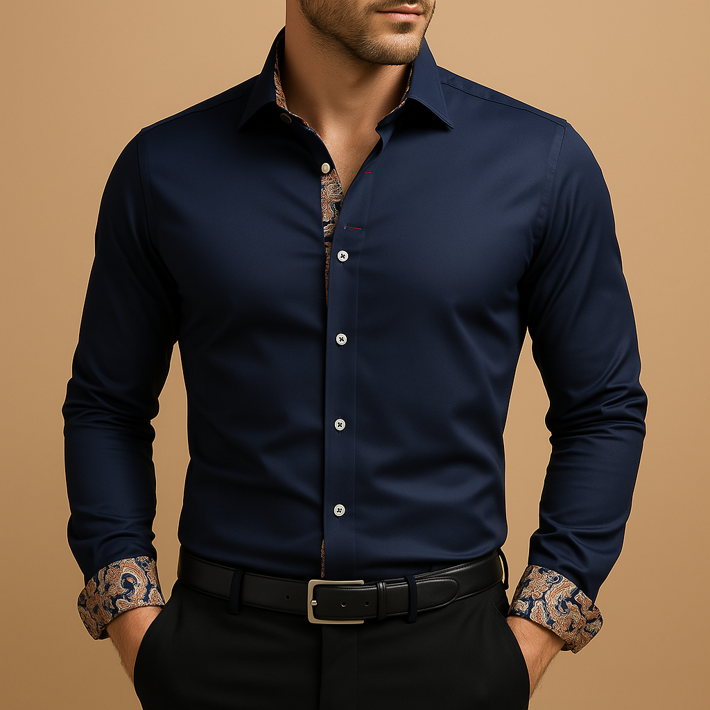 Men's Formal Button-Up Shirt with Contrast Cuffs, Long Sleeve Dress Shirt