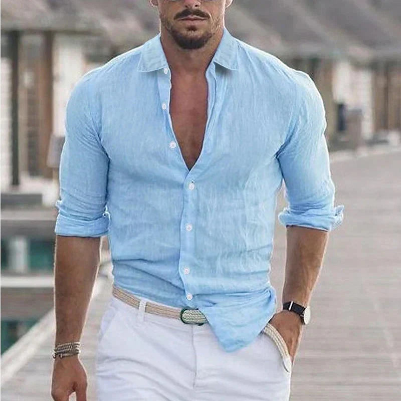 Men's Linen Shirt with Turn-Down Collar, Breathable Button-Up