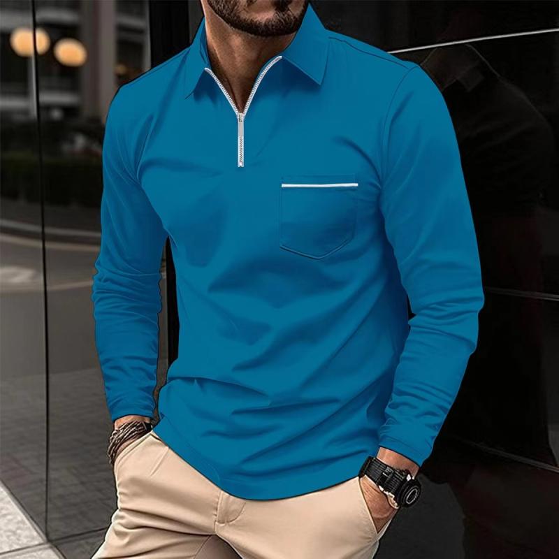 Men's Long Sleeve Polo Shirt with Chest Pocket, Modern Casual Polo