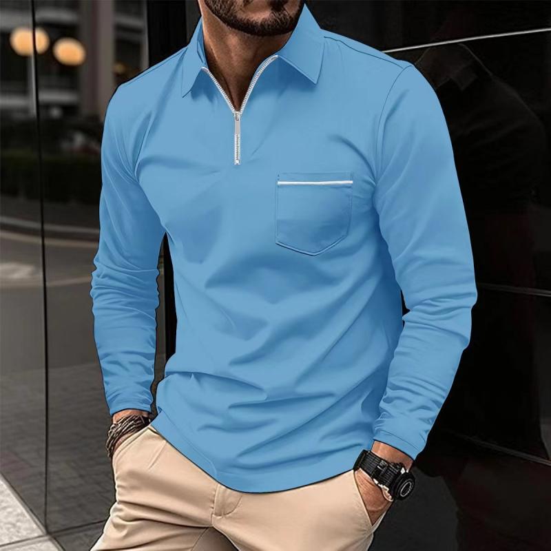 Men's Long Sleeve Polo Shirt with Chest Pocket, Modern Casual Polo