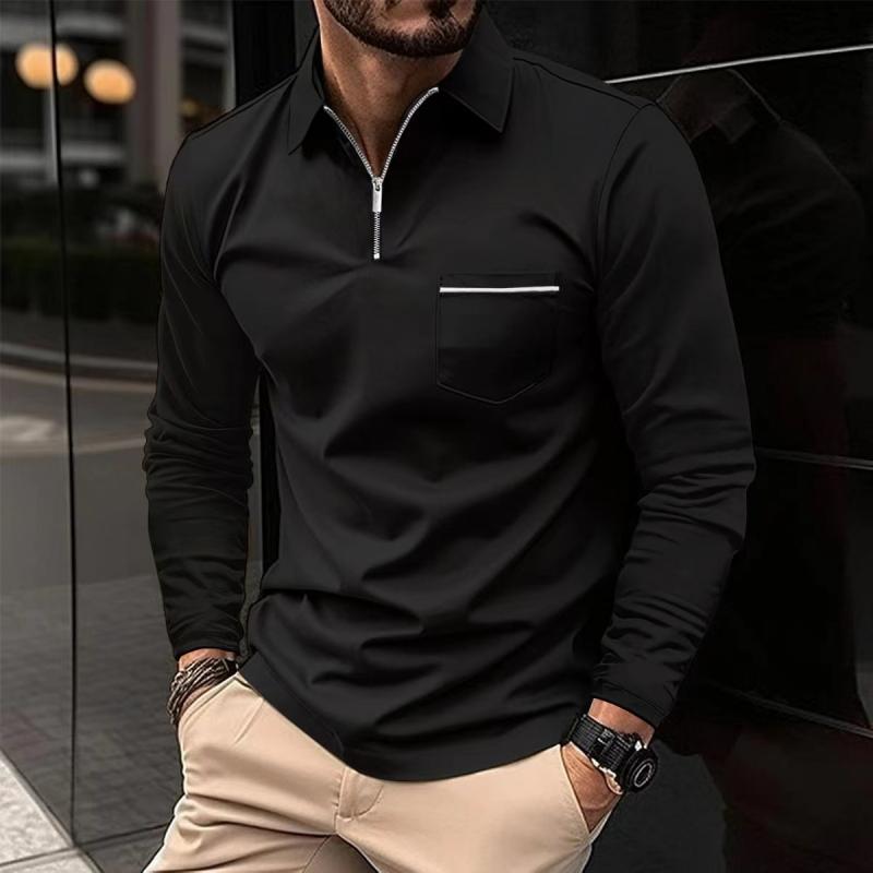 Men's Long Sleeve Polo Shirt with Chest Pocket, Modern Casual Polo