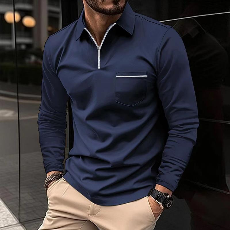 Men's Long Sleeve Polo Shirt with Chest Pocket, Modern Casual Polo