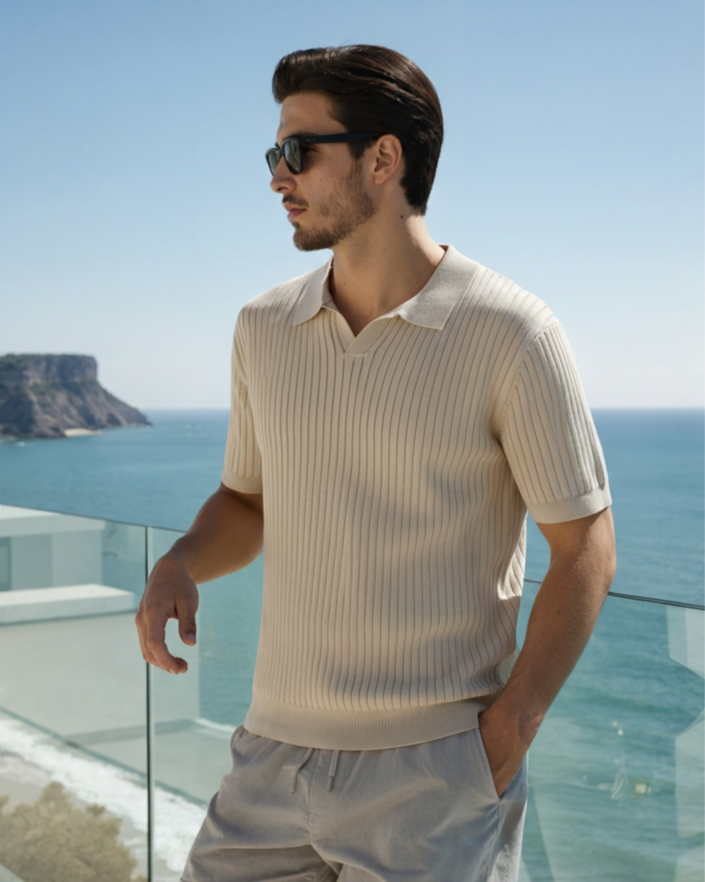 Men's Ribbed Knit Polo Shirt with Open Collar - Short Sleeve Top