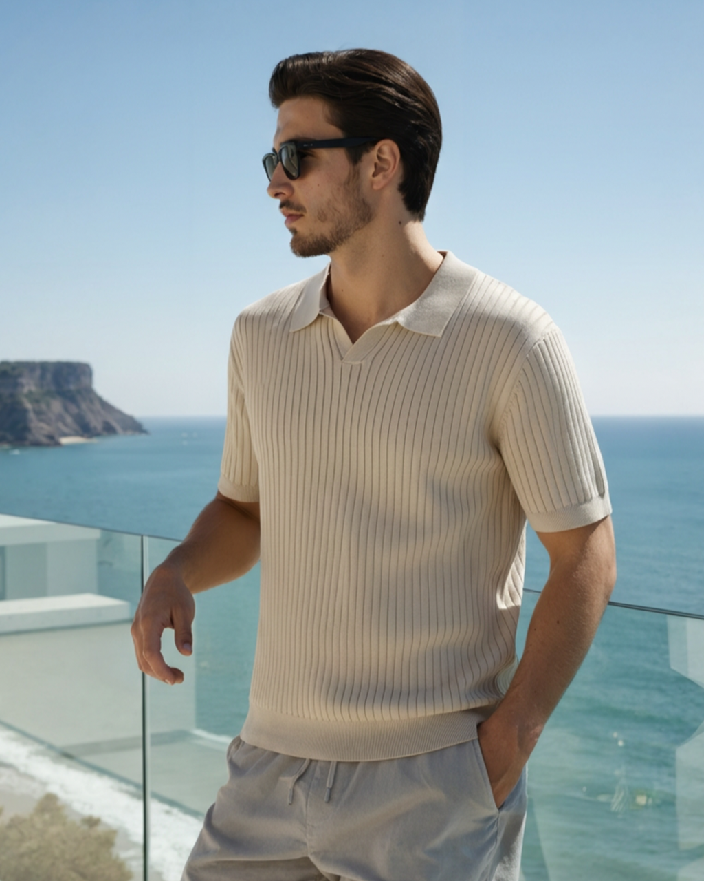 Men's Ribbed Knit Polo Shirt with Open Collar - Short Sleeve Top