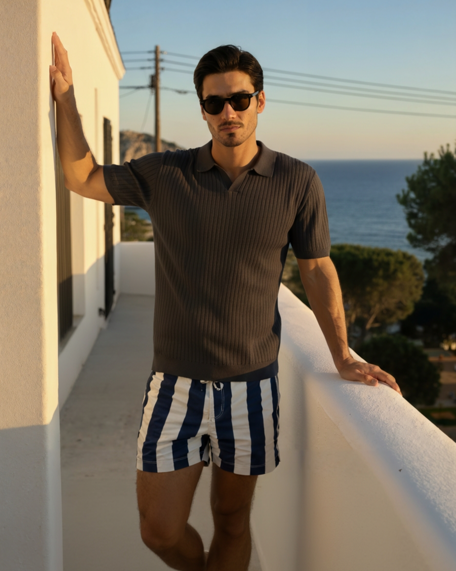 Men's Ribbed Knit Polo Shirt with Open Collar - Short Sleeve Top