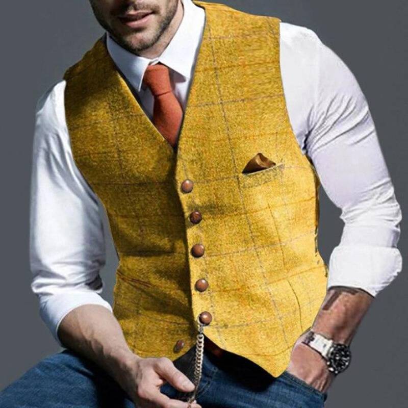 Men's Checked Waistcoat - Woven Blend Button-Front Vest for Layering
