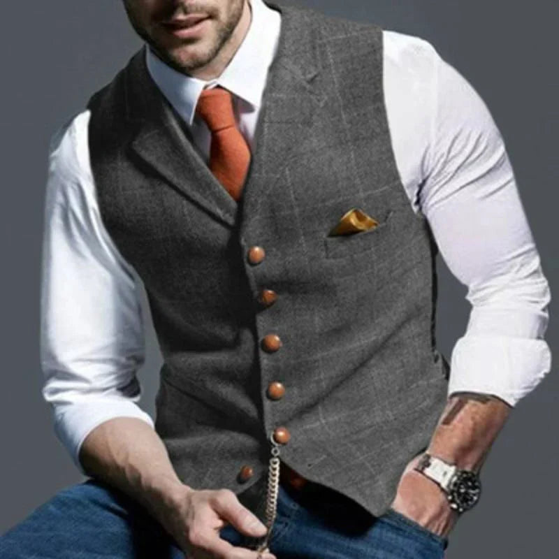 Men's Checked Waistcoat - Woven Blend Button-Front Vest for Layering