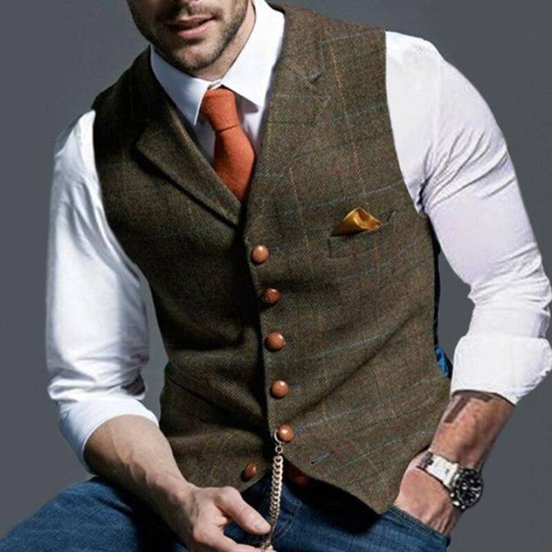 Men's Checked Waistcoat - Woven Blend Button-Front Vest for Layering